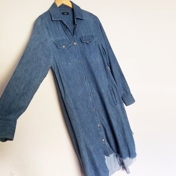 Ruti Chambray Denim Shirt Dress Hemp Organic Cotton Snap Button Frayed Hem Blue - Picture 5 of 16